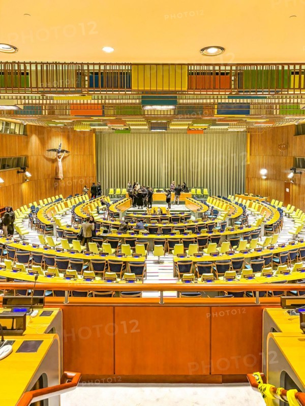 View from the visitors' gallery of the former hall of the United Nations Trusteeship Council at the UN headquarters in New York