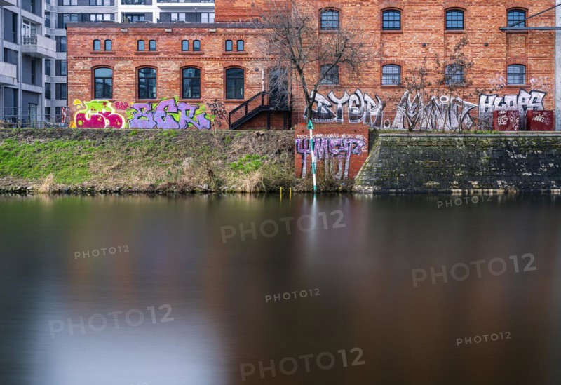 Long exposure, restored factory building on the Spree in the Europaviertel, Berlin, Germany, Europe