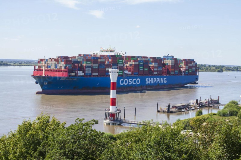 Cosco container ship and lighthouse on the Elbe, Blankenese district, Hamburg, Germany, Europe