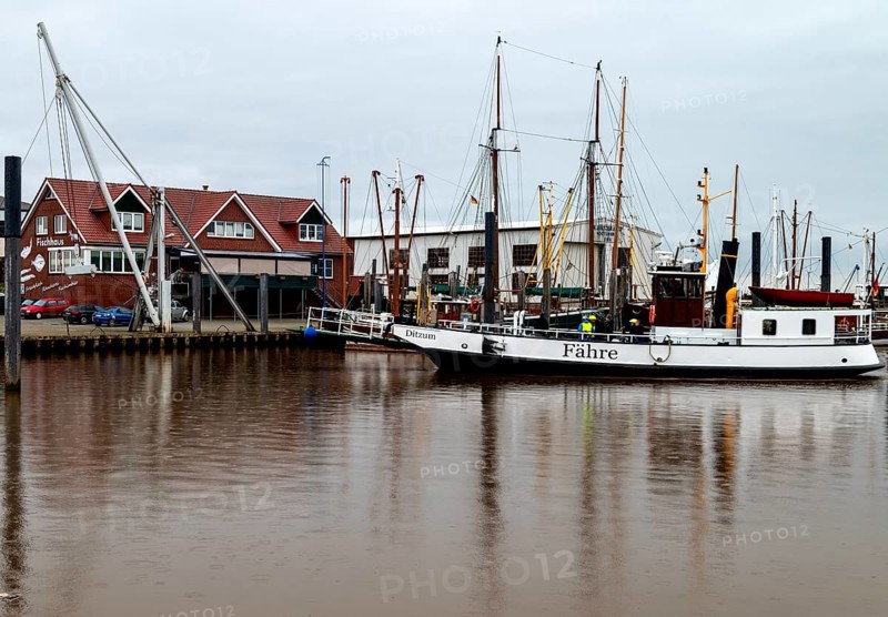 Car ferry Ditzum-Petkum (Emden) in Ditzum harbour, fishing village of Ditzum, municipality of Jemgum, district of Leer, Rheiderland, East Frisia, Lower Saxony, Germany, Europe