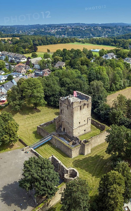 Aerial view of historic ruins of former moated castle from the 12th century with Romanesque residential tower in the centre of Altendorf Castle in the Burgaltendorf district of Essen, Essen, North Rhine-Westphalia, Germany, Europe