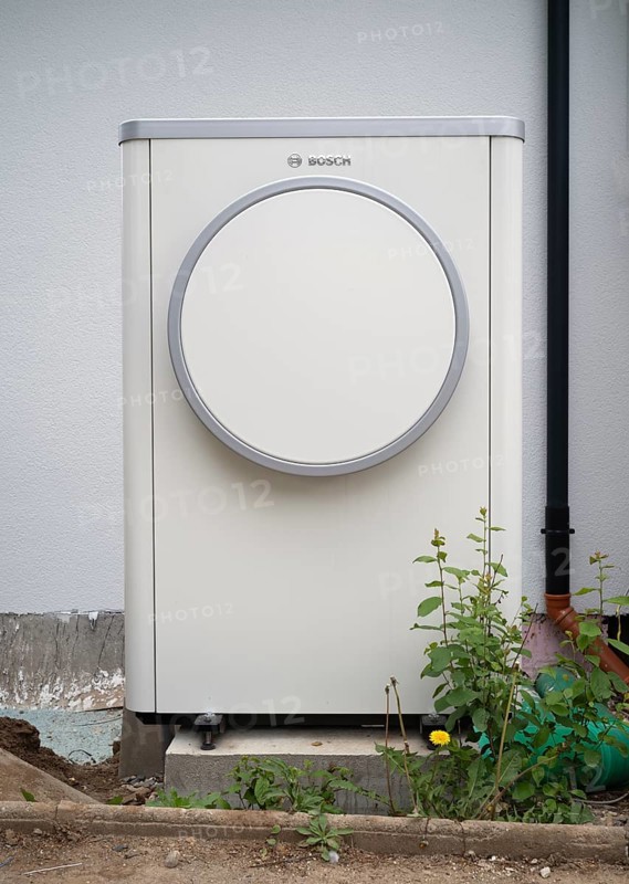 Bosch Compress 7400i AW air-to-water heat pump, logo, outdoor unit, construction site, new build, building services, Stuttgart, Baden-Wuerttemberg, Germany, Europe