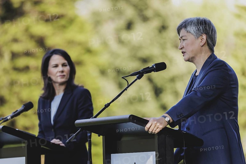 (L-R) Annalena Baerbock (Alliance 90/The Greens), Federal Foreign Minister, and Penny Wong, Foreign Minister of Australia, speak to the media in Adelaide, 3 May 2024. Baerbock is travelling to Australia, New Zealand and Fiji for political talks / Photographed on behalf of the Federal Foreign Office