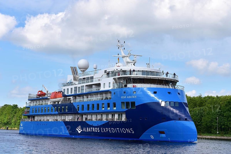 Expedition cruise with cruise ship Ocean Albatross in the Kiel Canal, Kiel Canal, Schleswig-Holstein, Germany, Europe