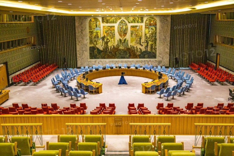 View from the visitors' gallery of the United Nations Security Council chamber at UN headquarters in New York