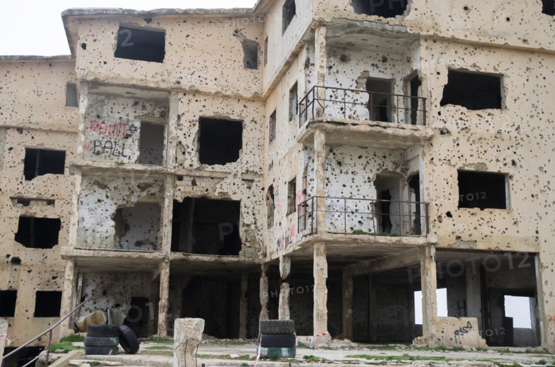Beqaa, Lebanon, April 04, 2017: Marks of War, Lebanese house machine-gunned, bombed, destroyed by civil war, Lebanon mountains, Asia