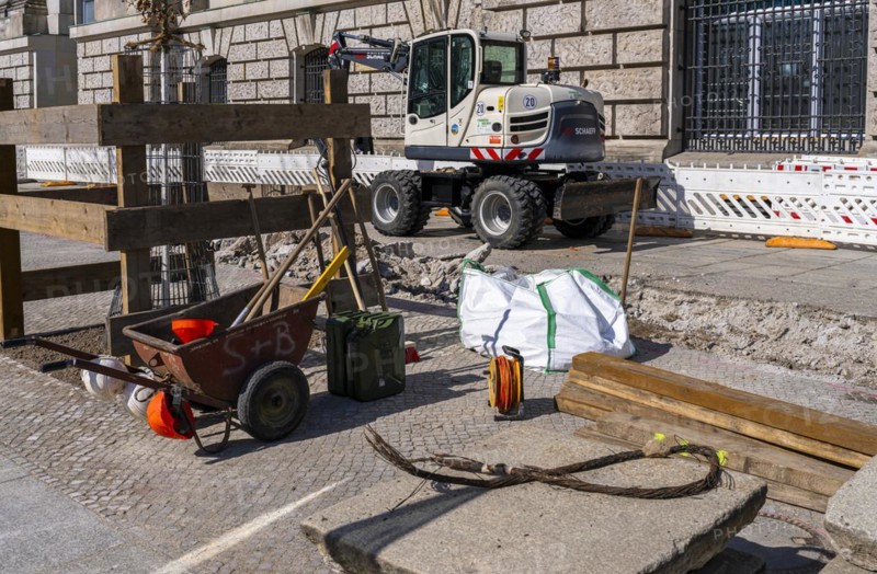 Construction machinery and materials at a building site, Berlin, Germany, Europe