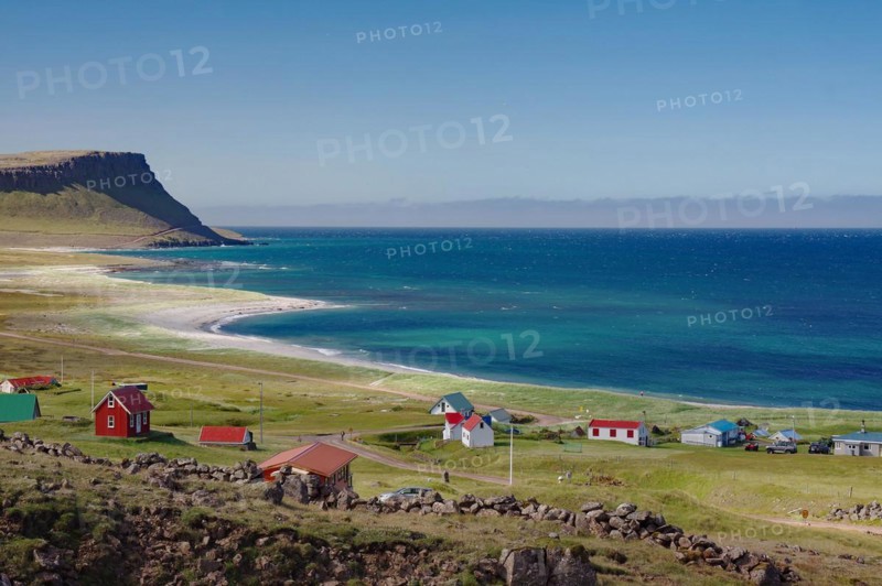 Abandoned houses on a wide bay with sandy beaches, Latrabjarg, Westfjords, Iceland, Europe