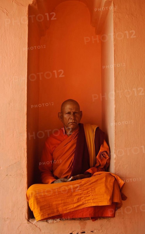 Buddhist monk, Mahabodhi temple, pilgrimage site, Bodhgaya, India, Asia