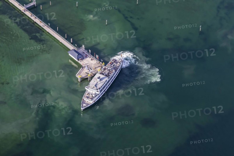 Landing stage with excursion boat SCHWABEN of the White Fleet, aerial view in spring with turquoise-coloured water, Immenstaad on Lake Constance, Baden-Wuerttemberg, Germany, Europe