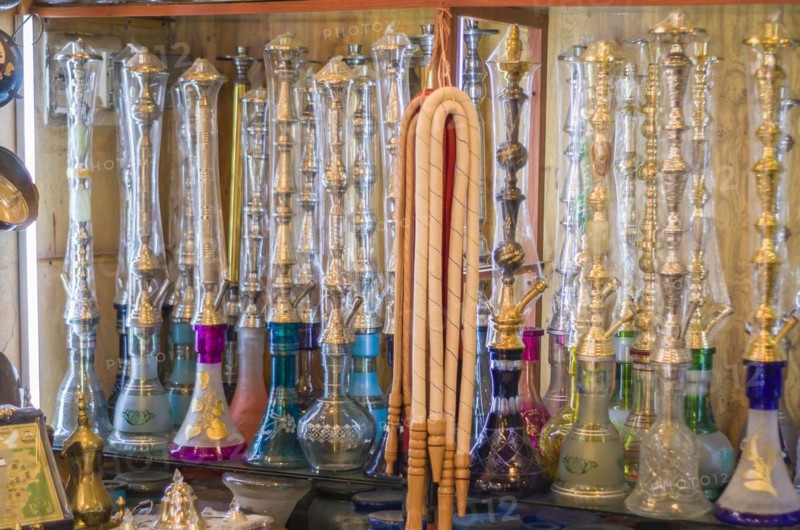 Tripoli, Lebanon, April 09, 2017: Shelf with traditional Arguiles (Narguile, Shisha, Chicha, hookah), equipment used for smoking tobacco, widely, very widespread throughout the Middle East, Asia