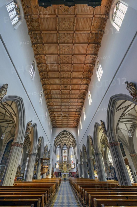 Nave with coffered ceiling, St Martin's Church, Kaufbeuern, Allgaeu, Swabia, Bavaria, Germany, Europe