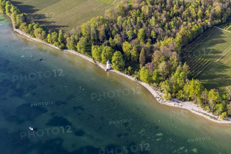 Flight in a zeppelin along the shore of Lake Constance, aerial view, Badehaus Schloss Kirchberg, Immenstaad, Baden-Wuerttemberg, Germany, Europe
