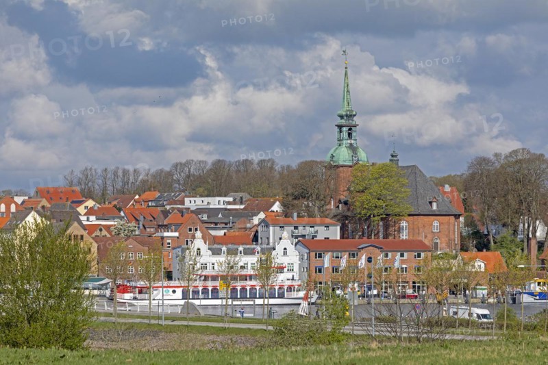 Church, excursion ship Schlei Princess, harbour, Kappeln, Schlei, Schleswig-Holstein, Germany, Europe