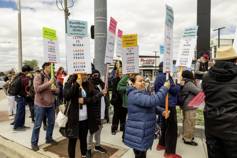 Rosemont, Illinois, Hundreds of workers and supporters picketed a Portillo's restaurant, demanding that the company recognize their union. Their organizing campaign is backed by the Ironworkers union and by Arise Chicago, a faith-based organization that supports immigrants and low-wage workers