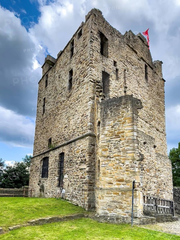 Historic ruins of Romanesque residential tower of former moated castle from 12th century Altendorf Castle in the Burgaltendorf district of Essen, Essen, North Rhine-Westphalia, Germany, Europe