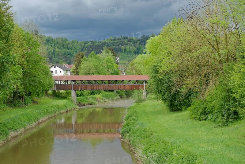 Kocher bridge in Gaildorf, Kocher valley, church, Limpurger Land, Schwaebisch-Franconian Forest Nature Park, Schwaebisch Hall, Hohenlohe, Heilbronn-Franconia, Baden-Wuerttemberg, Germany, Europe