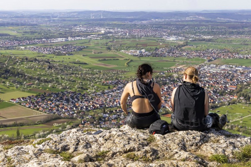 Breitenstein near Ochsenwang in spring, rocky outcrop of the Swabian Alb, 811 metre high rocky plateau, view of the foothills of the Alb, Bissingen an der Teck, Baden-Wuerttemberg, Germany, Europe
