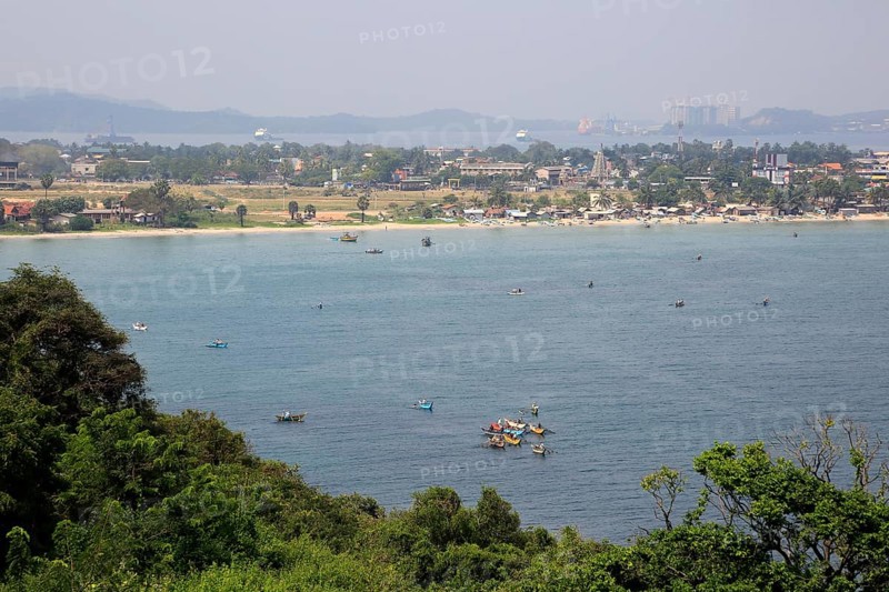View of the town and harbour over Back Bay, Trincomalee, Sri Lanka, Asia