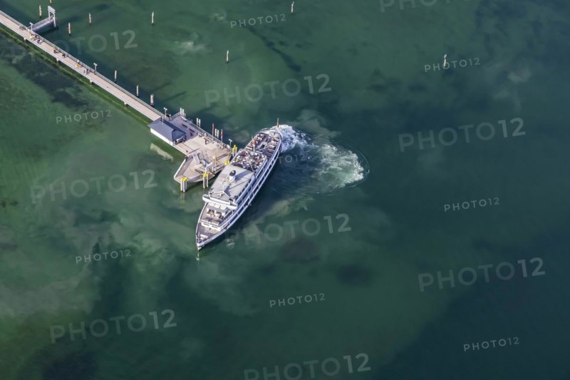 Landing stage with excursion boat SCHWABEN of the White Fleet, aerial view in spring with turquoise-coloured water, Immenstaad on Lake Constance, Baden-Wuerttemberg, Germany, Europe