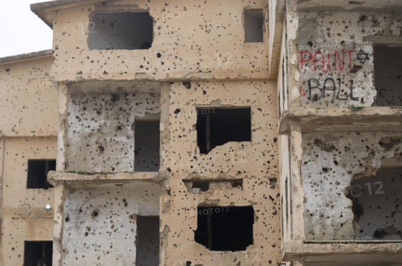 Beqaa, Lebanon, April 04, 2017: Marks of War, Lebanese house machine-gunned, bombed, destroyed by civil war, Lebanon mountains, Asia