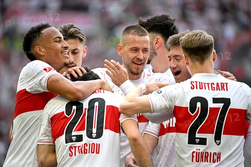 Goal celebrations Loenidas Stergiou VfB Stuttgart (20) Jamie Leweling VfB Stuttgart (18) Anthony Rouault VfB Stuttgart (29) Waldemar Anton VfB Stuttgart (02) Atakan Karazor VfB Stuttgart (16) Angelo Stiller VfB Stuttgart (06) Chris Fuehrich VfB Stuttgart (27) MHPArena, MHP Arena Stuttgart, Baden-Wuerttemberg, Germany, Europe