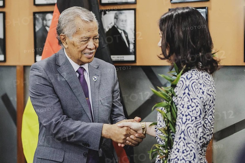 (R-L) Annalena Baerbock (Alliance 90/The Greens), Federal Foreign Minister, and Henry Puna, Secretary General of the regional organisation Pacific Islands Forum, photographed during a joint meeting in Suva, 06.05.2024. Baerbock is travelling to Australia, New Zealand and Fiji for political talks / Photographed on behalf of the Federal Foreign Office