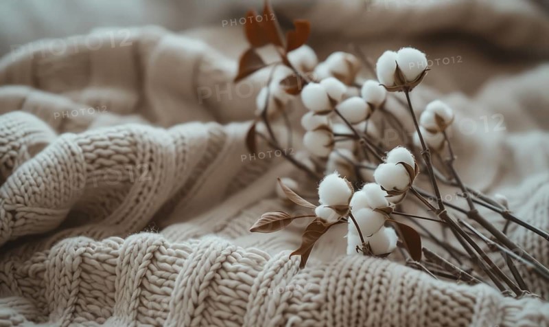 Cotton branch and soft cotton fabric in a soothing neutral tone AI generated