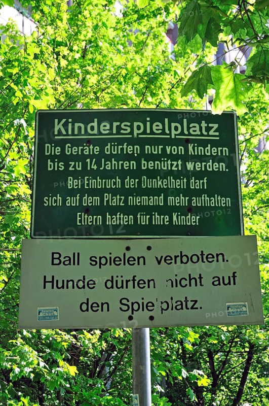 Sign at a playground near KoelnBerg, a social hotspot in Cologne-Meschenich, North Rhine-Westphalia, Germany, Europe