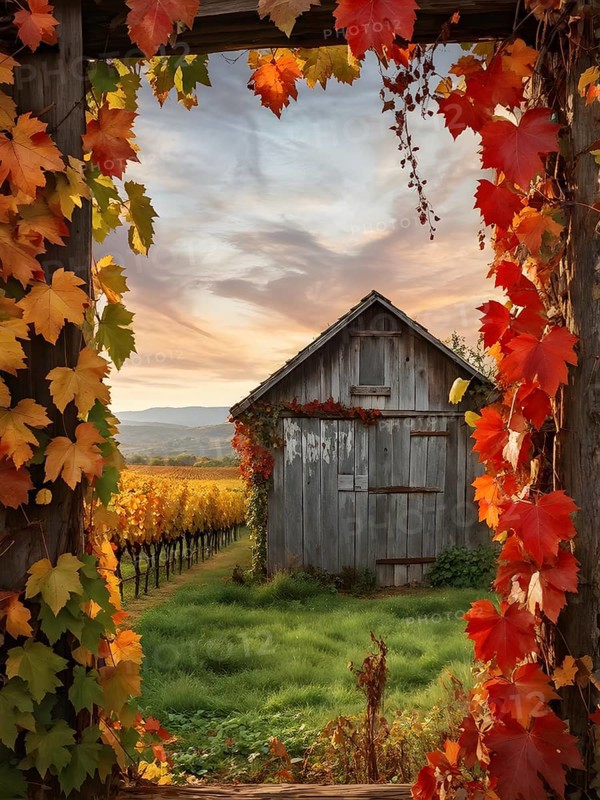 Rustic vineyard cottage nestled in a canopy of vines leaves showcasing autumns color palette in the golden hour, AI generated
