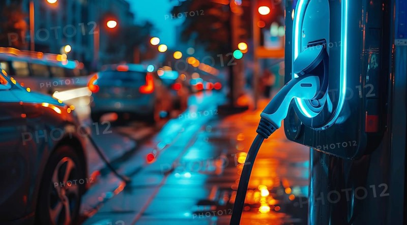 Electric car charging the battery from the electric charger, AI generated