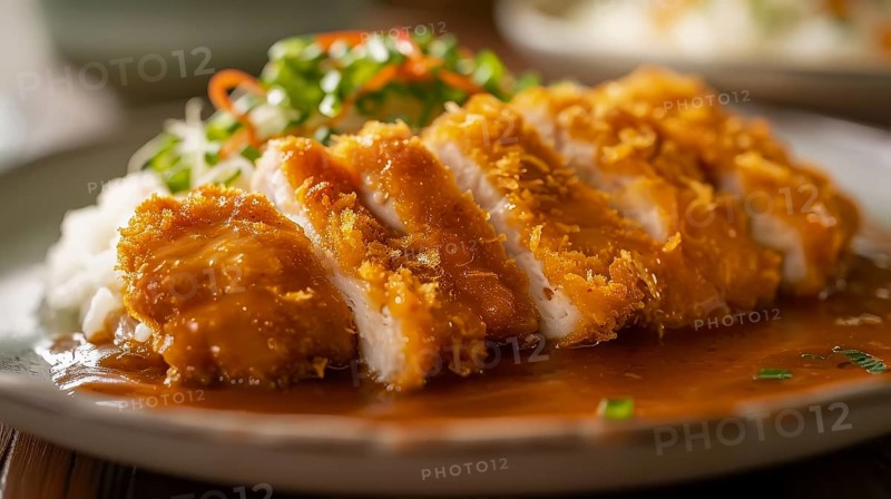 Crispy katsu on top of rice with Japanese curry and parsley garnish, AI generated