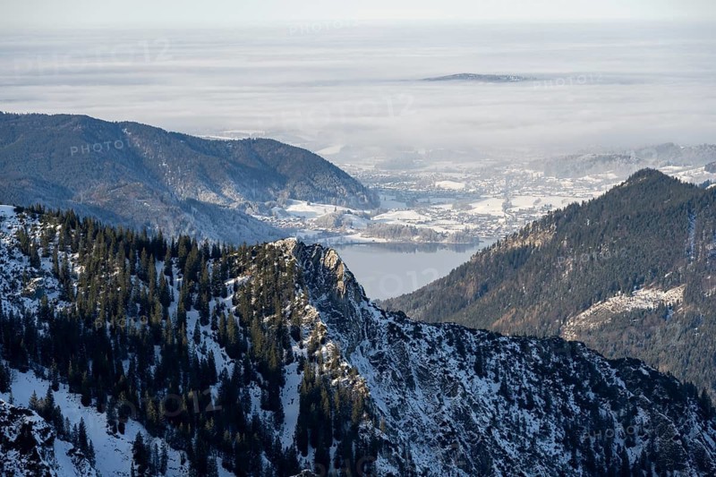 View of Schliersee and the foothills of the Alps in winter with snow, Mangfall mountains, Bavarian Alps, Bavaria, Tyrol, Germany, Europe