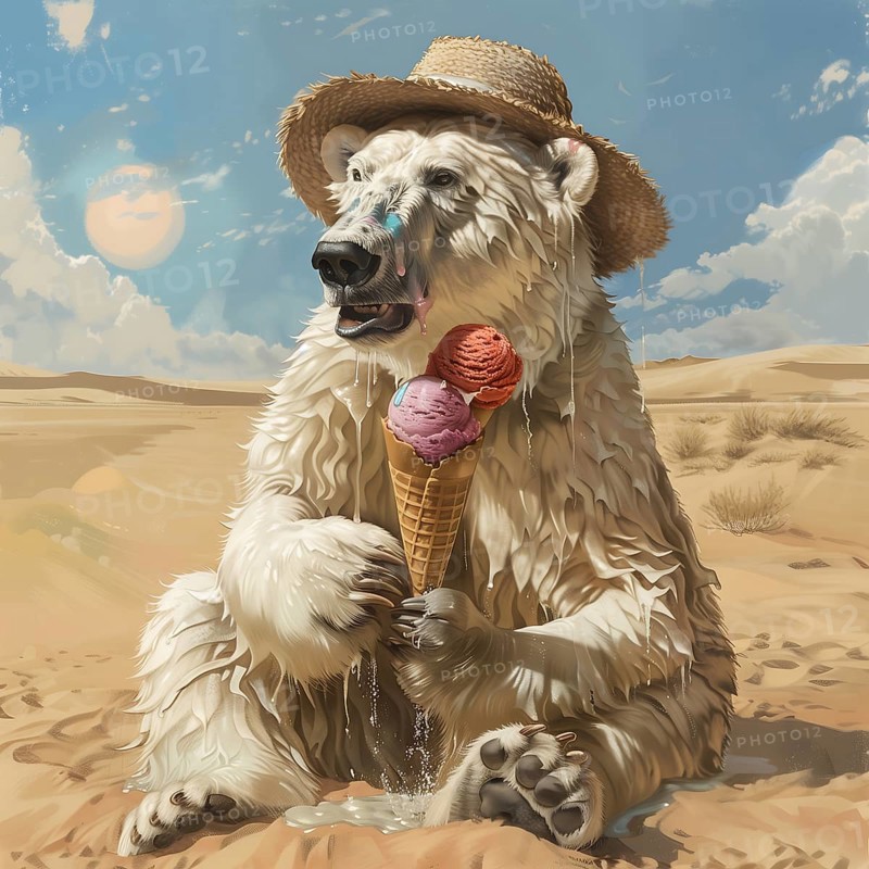 A polar bear with a straw hat sits in the desert and holds an ice cream, symbolic image on the subject of climate change, climate catastrophe, climate protection, AI generated