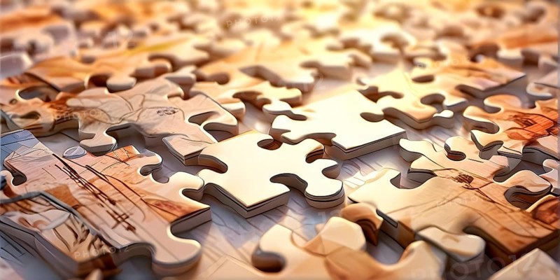 Illustration of scattered puzzle pieces sprawled across as a wallpaper background, AI generated