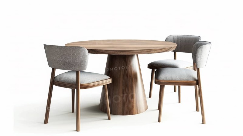 A round wooden table paired with modern grey upholstered chairs, AI generated