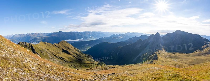 Panorama, mountain valley and mountain panorama, view into Winkler Tal with summit Rosskopf, Sonnenstern, Carnic main ridge, Carnic High Trail, Carnic Alps, Carinthia, Austria, Europe