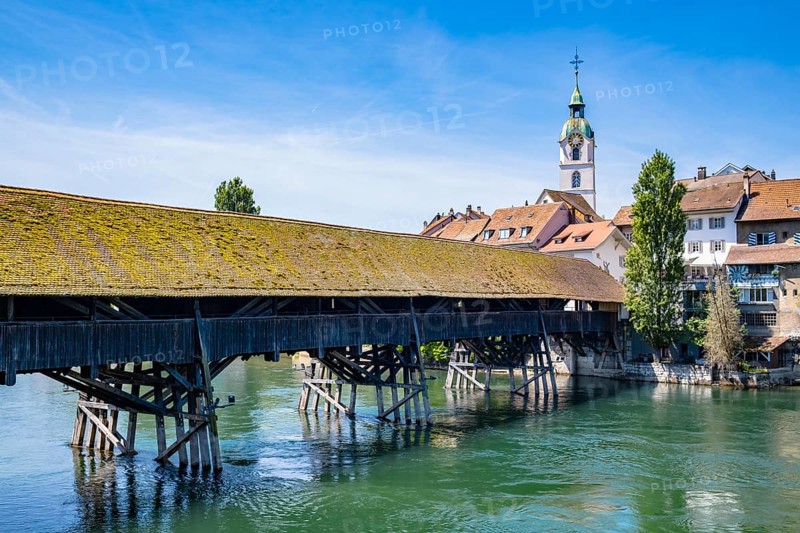 View of an old wooden bridge with an old town in the background, Olten, Solothurn, Switzerland, Europe