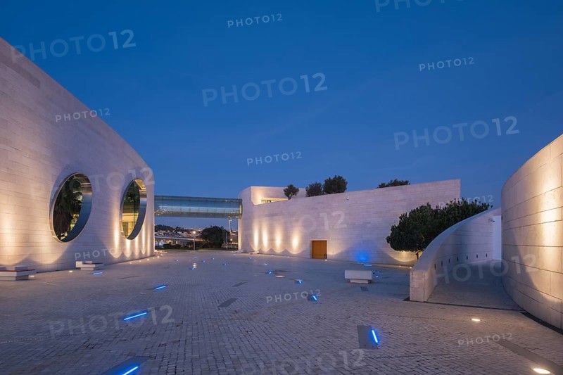 Lisbon, Portugal, January 13, 2023: Modern architecture of the Champalimaud foundation building, Portuguese non-profit foundation for scientific medical research in Belem illuminated in night time, Europe