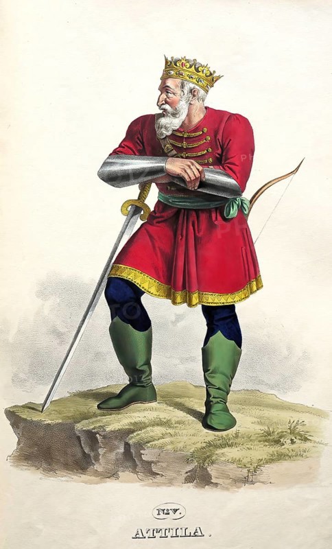 Attila (d. 453) was co-ruler with his brother Bleda from 434 and sole ruler of the Hun warrior organisation from 444/45 until his death, Historical, digitally restored reproduction from a 19th century original, Record date not stated