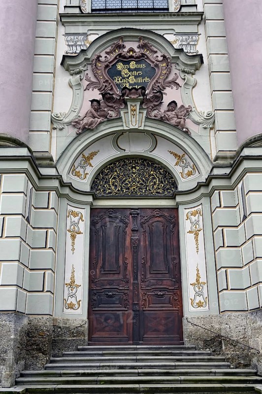Entrance gate, Basilica of St Alexander and St Theodor, Ottobeuren Monastery, Allgaeu, Swabia, Bavaria, Germany, Europe