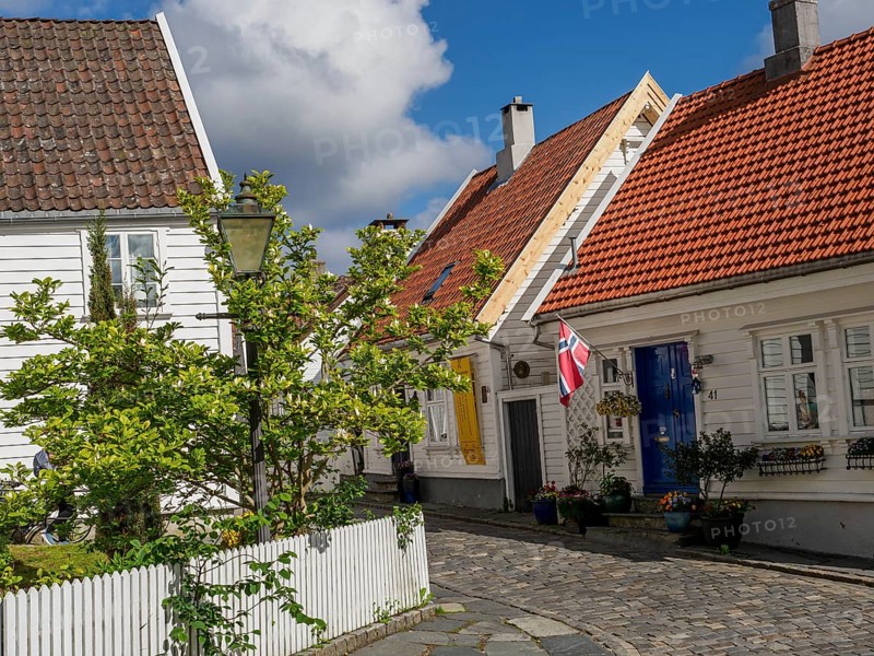 White houses with tiled roofs, lantern in front of plants and fence, cobblestone street under blue sky, white wooden houses with red roof in front of blue sky, trees and white fences along the street, stavanger, norway