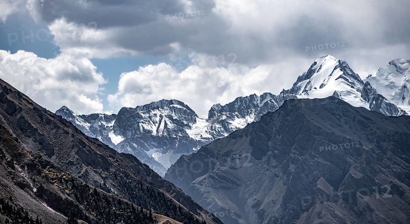 Glaciated and snow-covered mountain peaks, Tian Shan, Sky Mountains, Engilchek Valley, Kyrgyzstan, Asia