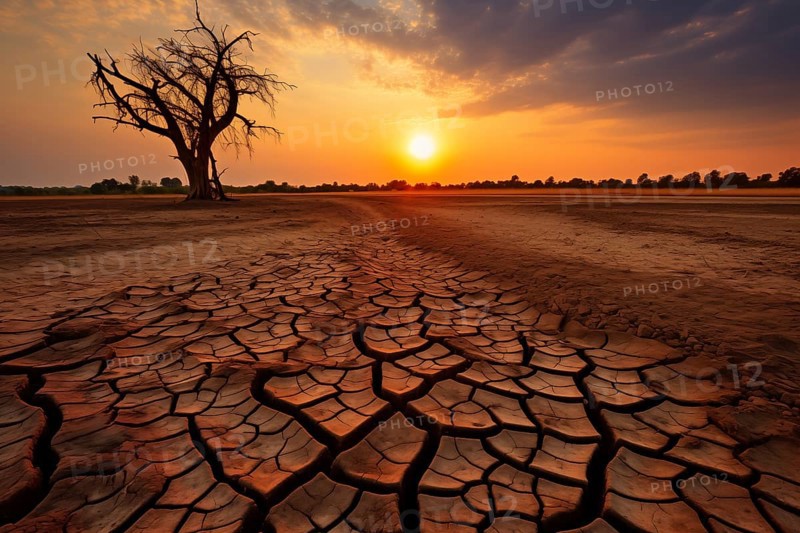 Drought climate change ecology solitude concept, dry dead tree in desert with a dry, cracked ground on sunset. The tree is the only sign of life in the barren landscape, AI generated