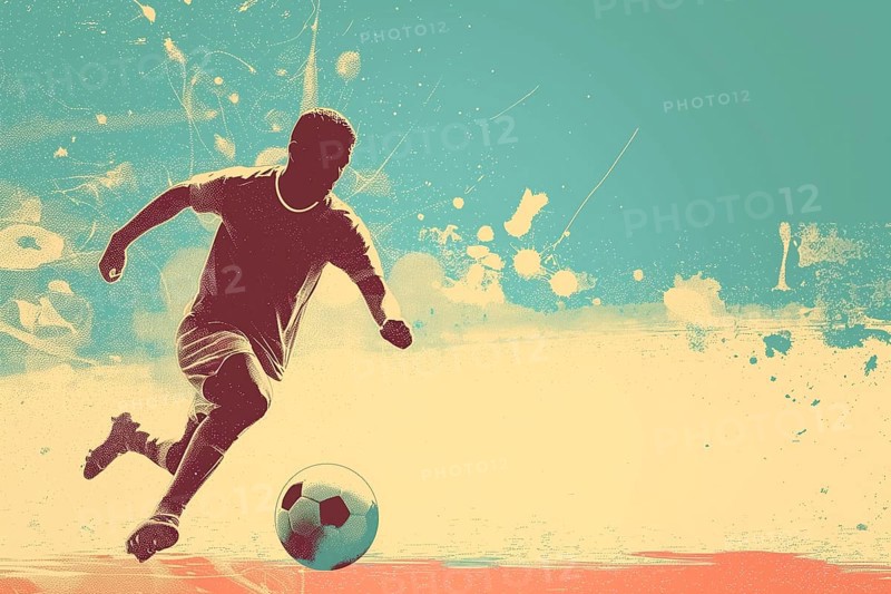 A soccer player dribbles and kicks a soccer ball. Abstract vintage grungy poster style with muted colors, AI generated