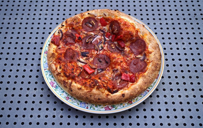 Pizza Diavolo, tomatoes, pepperoni, paprika, plate, table, from above, Stuttgart Baden-Wuerttemberg, Germany, Europe