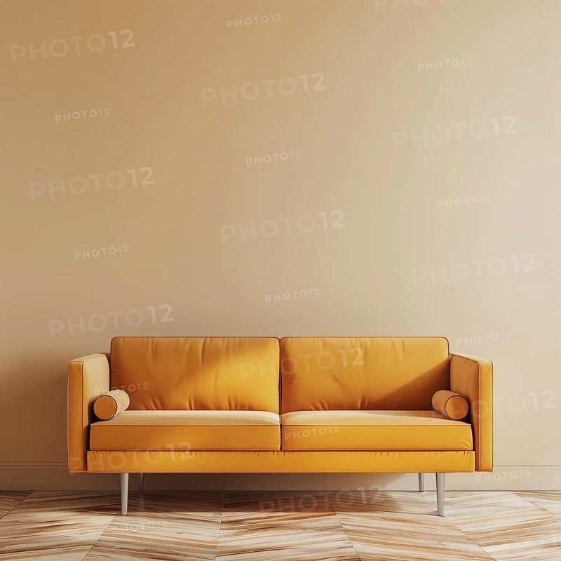 Mustard fabric sofa isolated on empty room. AI generated