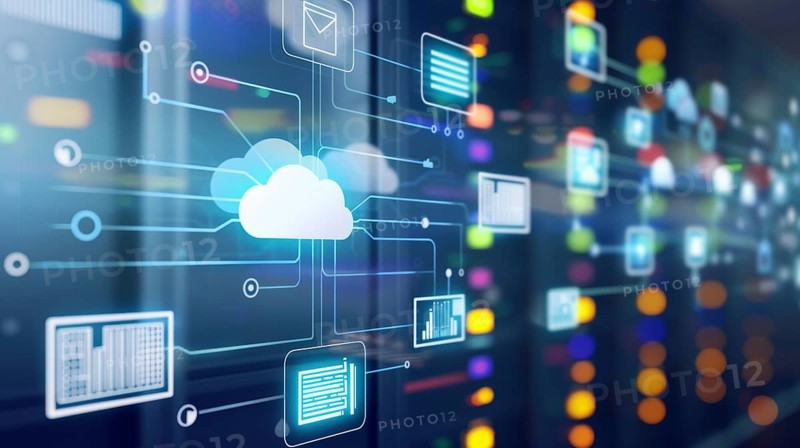 Futuristic image of cloud computing and technology networks in a data center with blue tones, AI generated