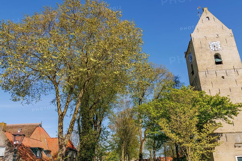 Historic tower with clock and trees under a blue sky in a village in spring, historic houses in a small village with small streets and trees in spring, Nes, Ameland, Netherlands