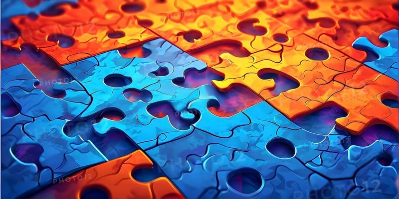 Illustration of scattered blue and orange puzzle pieces sprawled across as a wallpaper background, AI generated